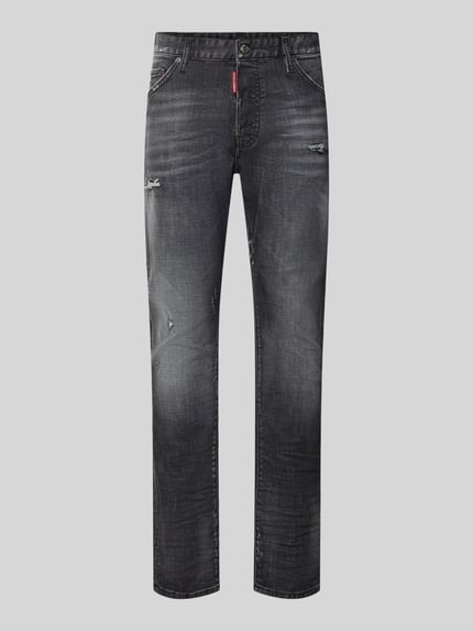 Productfoto, Straight Fit Jeans aus Baumwoll-Mix Modell 'Teddy' van Dsquared2, grijze denim met destroyed-look, 5-pocket-design, knoop- en ritssluiting, herenjeans, katoen-elastaan-mix, taillewijdte 46 cm, binnenbeenlengte 81 cm