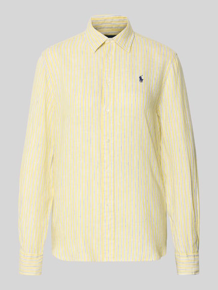 Produktfoto, Hemdbluse mit Knopfleiste von Polo Ralph Lauren, żółte i niebieskie paski, czysty len, luźny krój, widok z przodu