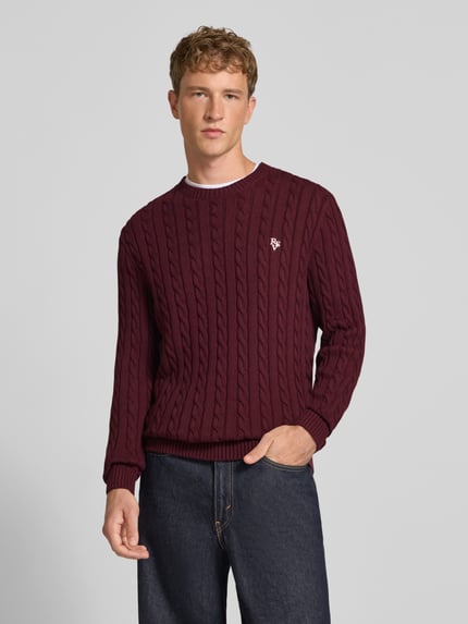 REVIEW Slim Fit Strickpullover aus reiner Baumwolle mit Zopfmuster Bordeaux 4