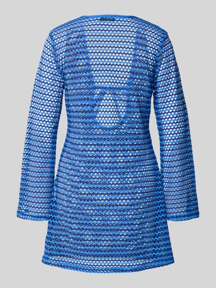 Produktfoto, Strandkleid mit tiefem Ausschnitt von Seafolly in Blau, semitransparenter Material-Mix mit Stretch, Schnürung, Trompetenärmel.