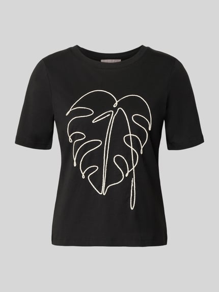 Produktfoto, T-Shirt mit Motiv-Stitching von Christian Berg Woman Selection, czarna bawełna, krój regular fit, okrągły dekolt, długość pleców w rozmiarze 36: 54 cm