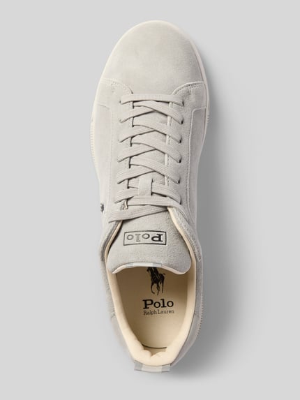 Productfoto, grijze sneakers uit leermix van Polo Ralph Lauren, effen kleur, gladde textuur, heren sneakers