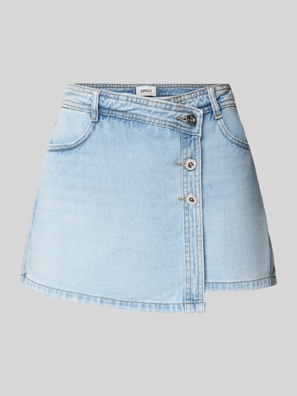 Productfoto, Regular Fit Jeansskort uit puur katoen model 'LESLY' van Only, denim look, met riemlussen, knoop- en ritssluiting, steekzak, achterzak, lichte blauwe kleur, rechte vormen, gladde textuur
