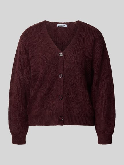 Produktfoto, kardigan rozpinany z dekoltem w serek i listwą guzikową Strickjacke mit V-Ausschnitt und Knopfleiste von MORE & MORE, Mieszanka materiałów z domieszką alpaki, krój regular fit, długość tyłu w rozmiarze 36: 58 cm, długość rękawów w rozmiarze 36: 57 cm, kolor bordowy, faktura dzianiny