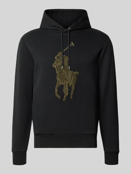 Produktfoto, schwarzer Regular Fit Hoodie aus Baumwoll-Mix von Polo Ralph Lauren mit goldfarbenem Polo-Logo, glatte Struktur