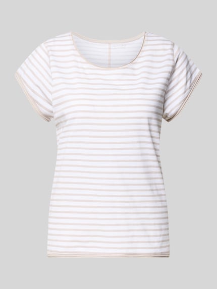 Produktfoto, T-Shirt mit Streifenmuster und Rundhalsausschnitt von Christian Berg Woman, białe i beżowe paski, czysta bawełna organiczna, krój regular fit, długość tyłu w rozmiarze S 69 cm