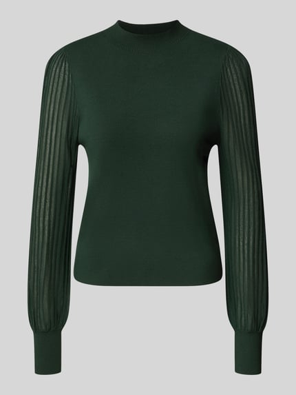 Produktfoto, Strickpullover aus Viskose-Mix mit Stehkragen von zero, dunkelgrün, semitransparente Ärmel in Ripp-Optik, Regular Fit