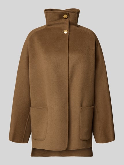 Produktfoto, Oversized Mantel aus Woll-Mix van Tommy Hilfiger in effen bruin met opgestikte zakken en opstaande kraag, viltstructuur.