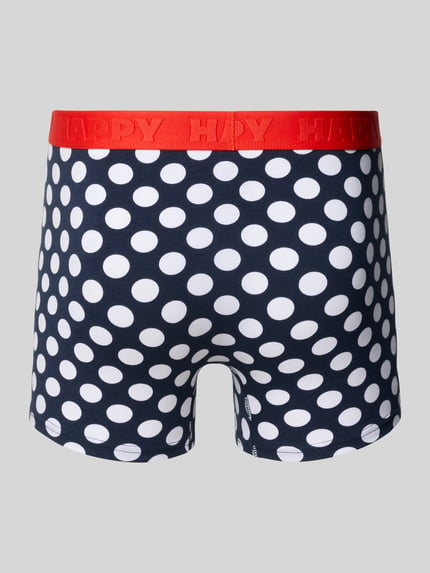 Produktfoto, Trunks mit elastischem Bund im 3er-Pack von Happy Socks im Baumwoll-Elasthan-Mix, Navy mit weißen Punkten, roter Bund, körpernahe Passform