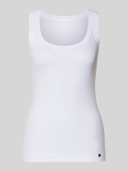 Produktfoto, wit dames tanktop met ronde hals van Marc Cain, katoenmix met stretch, fijnrib, nauwsluitend model, ruglengte maat 36: 46 cm