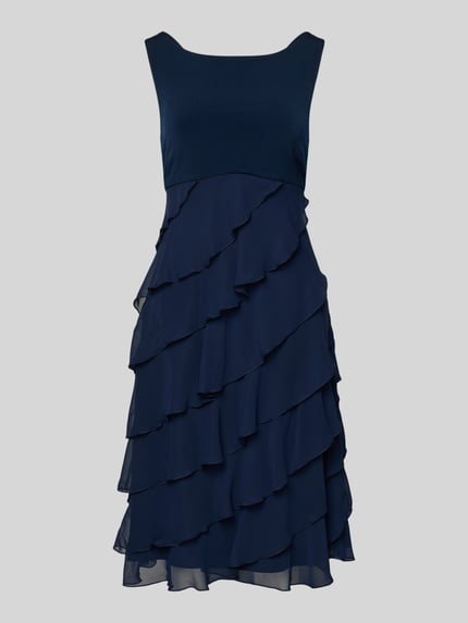 Produktfoto, Knielanges Cocktailkleid mit Volants von Swing aus dunkelblauem Chiffon in A-Linie mit Rundhalsausschnitt, Volant-Details.