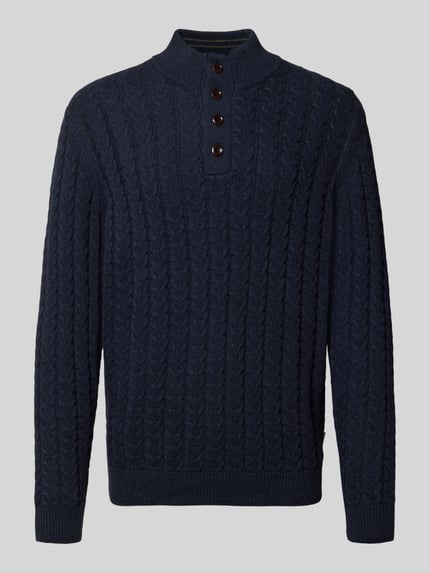 Produktfoto, dunkelblauer Strickpullover mit gerippten Abschlüssen von Fynch-Hatton, Baumwoll-Woll-Mix, Regular-Fit, Stehkragen, kurze Knopfleiste