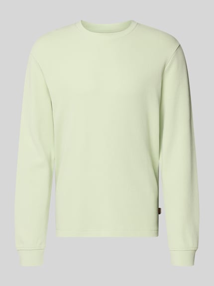 Produktfoto, Regular Fit Langarmshirt aus Baumwoll-Mix Modell 'WE-TEMPEST' von BOSS Orange in Optik: Unifarben mit Label-Patch, Rundhals, Ärmelabschluss gerippt, Materialverarbeitung: Feinripp