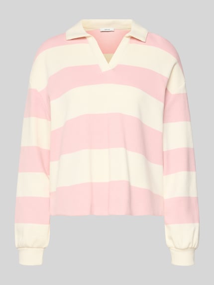 Produktfoto, Sweatshirt mit Umlegekragen Modell 'Glocki' von OPUS z mieszanki bawełny i elastanu, prosty krój, elastyczne wykończenia, różowe i kremowe pasy