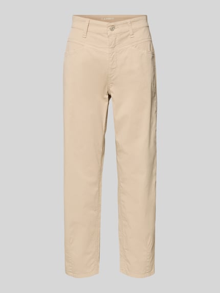 Produktfoto, Barrel Leg Hose aus Baumwoll-Mix Modell 'ELIN' von Cambio in uni beigen Twill, barrel fit, Gürtelschlaufen, Gesäßtasche, Knopfverschluss.