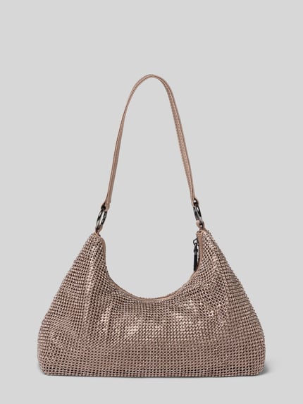 Produktfoto, Shoulder Bag mit Strassstein-Besatz von GUESS in Beige, funkelnde Oberfläche, sichtbares Logo, Maße laut Kontext