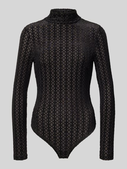Produktfoto, Body mit Stehkragen Modell 'MARGARET' von GUESS, schwarz, transparenter Material-Mix, Allover-Look, krój slim fit, KI-modifiziertes Bild