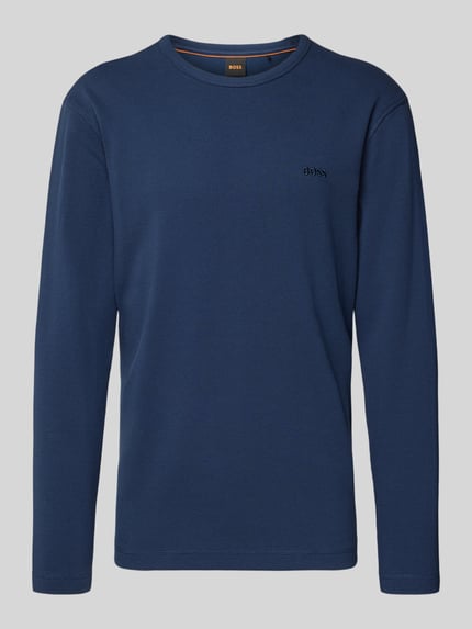 Produktfoto, Regular Fit Langarmshirt aus Baumwoll-Mix Modell 'TEMPESTO' von BOSS Orange in Blau, Optik: Unifarben, Waffeloptik, Label-Stickerei.