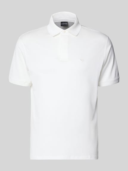 Produktfoto, weißes Poloshirt mit kurzer Knopfleiste von Emporio Armani aus Lyocell-Baumwoll-Mix, Regular Fit, gerippte Ärmelabschlüsse.