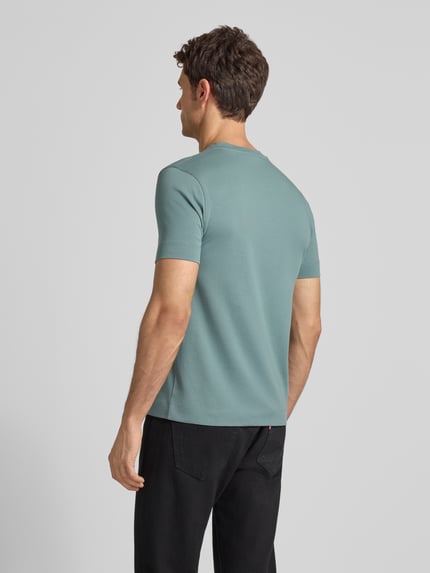Männermodel trägt T-Shirt mit Label-Stitching und Rundhalsausschnitt von Emporio Armani in Hellgrün, Slim Fit, reine Baumwolle, Ganzkörperansicht Rückansicht.