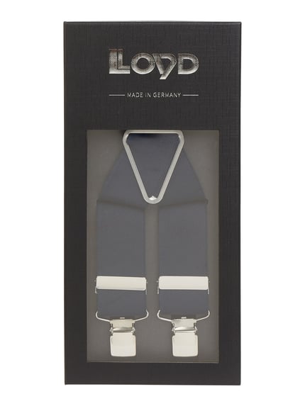 Produktfoto, Hosenträger in X-Form von Lloyd Men's Belts in Grau mit Metallrückenteil, verstellbare Träger und Clips, Schachtelansicht.