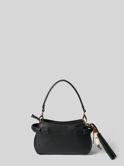 Produktfoto, Umhängetasche mit Label-Detail Modell 'NIVALIS RE' von Valentino Bags, schwarze Struktur-Optik, Gold-Akzente, Reißverschluss, abnehmbarer Riemen, unifarben, Hauptfach, Reißverschlussfach, Einschubfach, Anhänger.