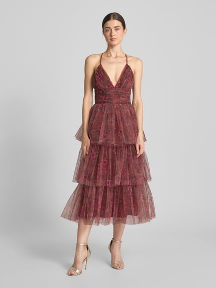 Lace & Beads Knielanges Cocktailkleid mit Volants Bordeaux 4