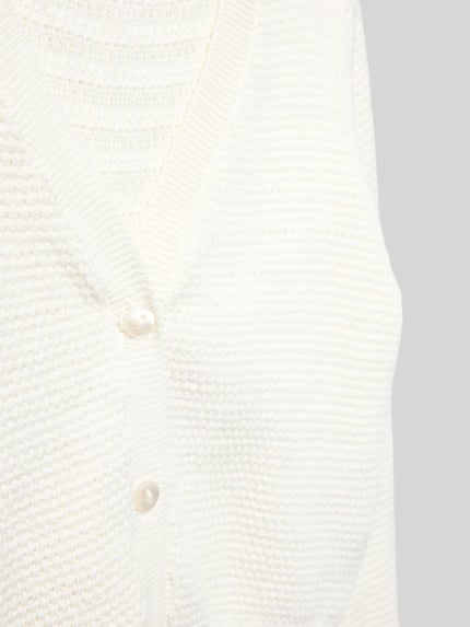 Produktfoto, Strickjacke aus Baumwolle mit V-Ausschnitt von Happy Girls, biała, faktura dzianiny, listwa guzikowa, krój regular fit