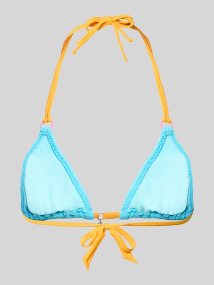 Produktfoto, Bikini-Oberteil mit Label-Detail Modell 'BRARO' od Banana Moon, mieszanka materiałów z dodatkiem streczu, dopasowany krój, wiązanie na szyi, wiązanie, kolor jasnoniebieski z żółtymi sznurkami.