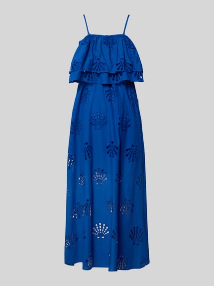 Produktfoto, leuchtend blaues Midikleid mit Lochstickerei Modell 'DOLCE LEMON' von WATERCULT, reine Baumwolle, taillierter Schnitt, Spaghettiträger