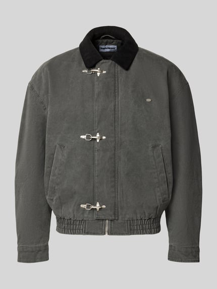 Produktfoto, Gewaschene Bomberjacke mit Metallverschlüssen von REVIEW in Grau, reine Baumwolle, Regular Fit, sichtbare Metallverschlüsse, eingrifftaschen, glatte Textur