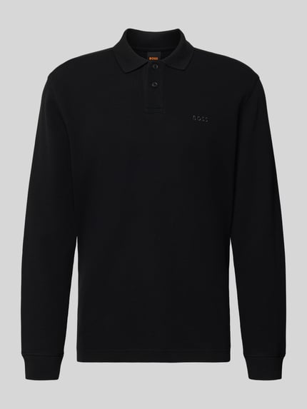 Productfoto, Regular Fit Poloshirt uit katoenmix model 'PETEMPESTOLONG' van BOSS Orange, zwart, uni, piquéstructuur, labelstiksel.