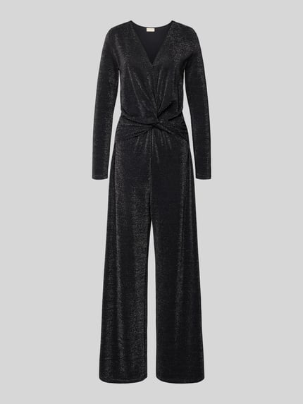 Produktfoto, Schimmernder Jumpsuit mit Knotendetail von Milano Italy in Schwarz, V-Ausschnitt, Regular Fit, lange Ärmel, glitzernde Textur.