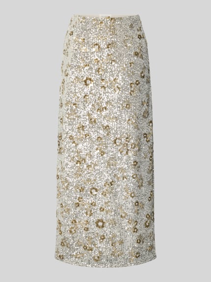 Produktfoto, silberfarbener High Waist Maxirock mit goldenen Pailletten, gerader Schnitt, Modell 'Magnolia' von MSCH Copenhagen, glänzende Textur