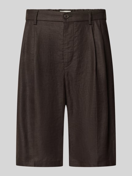 Productfoto, Leinenshorts aus reinen Leinen van Drykorn in bruin, puur linnen met losse fit, steek- en achterzakken, knoop- en ritssluiting, plooien in de taille, taillewijdte 44 cm en binnenbeenlengte 25 cm bij maat 33