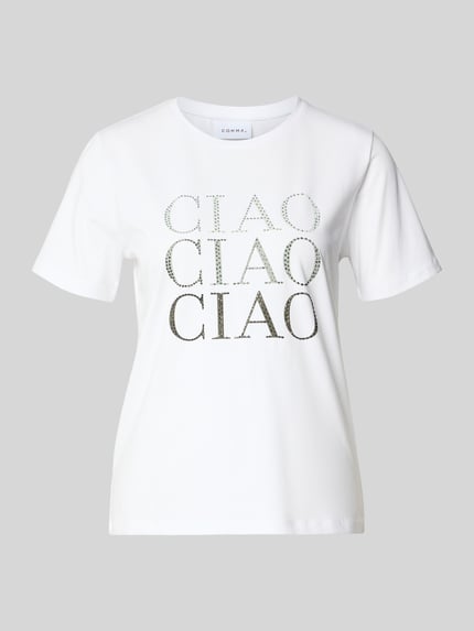 Productfoto, T-Shirt met Print en Ziersteinbesatz van comma, wit katoenmix met modal, regular fit, kleurrijke steendecoratie, dames T-shirt