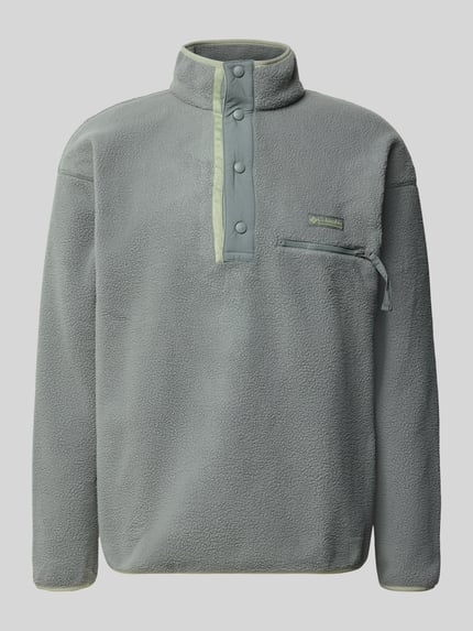 Produktfoto, Fleecepullover mit Label-Patch Modell 'Helvetia™ II' von Columbia in Grau mit Stehkragen, Reißverschluss-Brusttasche, grobe Textur