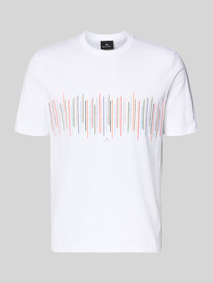 Produktfoto, T-Shirt mit Rundhalsausschnitt und Motiv-Print von PAUL SMITH aus reiner Baumwolle in Weiß, Casual Fit, Rückenlänge 66 cm bei Größe M.