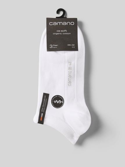 Produktfoto, Sneakersocken mit Label-Detail im 3er-Pack von camano, białe, melanżowa faktura, elastyczny bawełniany miks, widoczne logo.