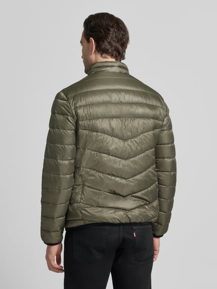 Männermodel trägt Regular Fit Steppjacke mit Stehkragen von Tom Tailor in Olivgrün, unifarben, Ganzkörperansicht Rückansicht.