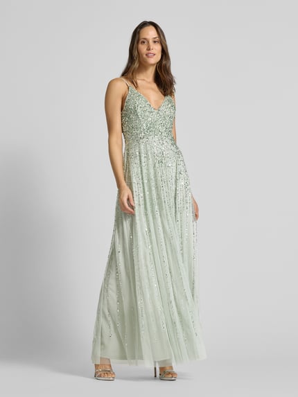 Lace & Beads Sukienka wieczorowa z obszyciem ozdobnymi kamieniami i cekinami Limonkowy 1