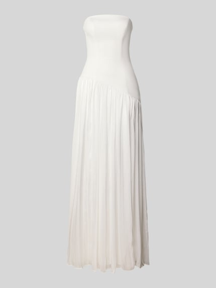 Productfoto, Slim Fit Abendkleid in Falten-Optik van Unique, witte kleur, lichte A-lijn, schouderloos, ondoorzichtige onderrok, gladde en geplooide texturen.