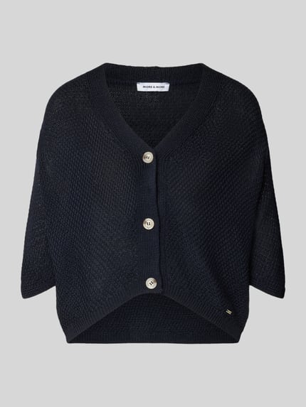 Produktfoto, Cardigan mit V-Ausschnitt und 3/4-Arm von More & More in Dunkelblau, grob gestrickte Textur, Relaxed-Fit, Knopfleiste, Rückenlänge 48 cm, Ärmellänge 24 cm bei Größe 36