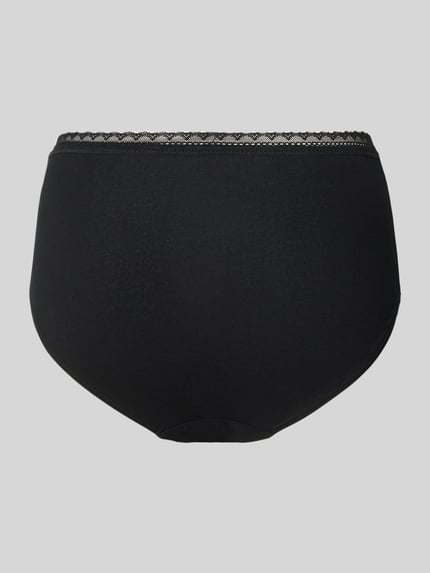 Produktfoto, schwarzer Slim Fit Slip aus Baumwoll-Mix im 3er-Pack von SCHIESSER, dezenter Spitzenbesatz, glatte strukturierte Oberfläche