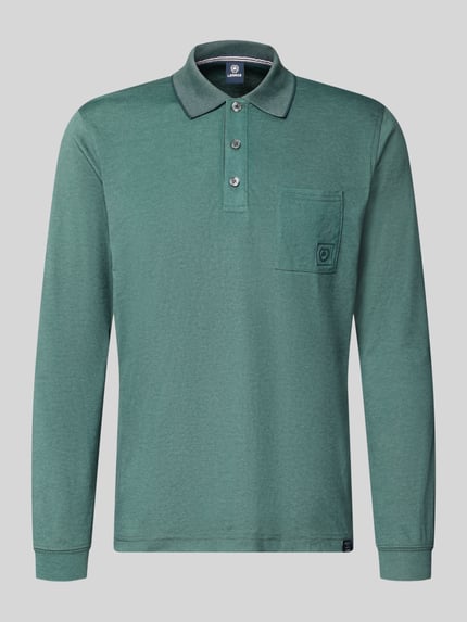 Produktfoto, Regular Fit Poloshirt in Two-Tone-Machart von LERROS, grüner Baumwoll-Mix, Brusttasche, Logo, Knopfleiste, Longsleeve, Rückenlänge 72 cm bei Größe M