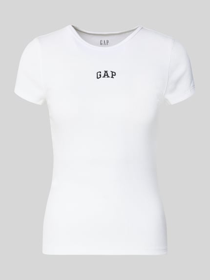 Produktfoto, T-Shirt in Ripp-Optik mit Logo von GAP, biały bawełniany krój slim fit z modalu, okrągły dekolt, logo na piersi, długość tyłu S: 53 cm