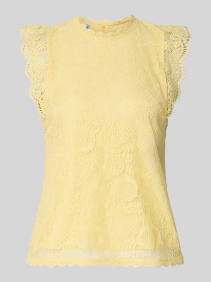 Produktfoto, Shaped Fit Blusentop mit Spitzenbesatz Modell 'OLLINE' von Pieces in zartem Gelb, florales Muster, feine Spitze, unifarben