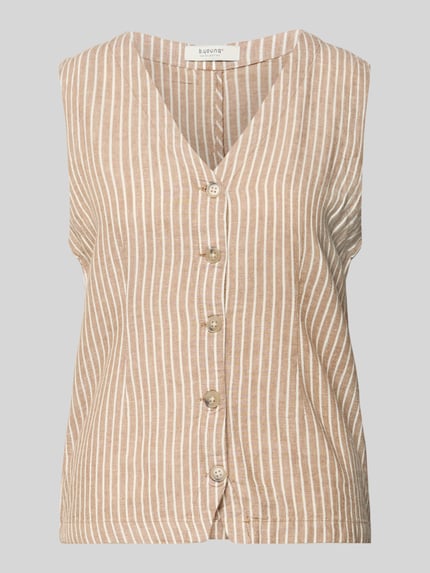 Productfoto, beige-wit gestreepte Weste uit linnen-viscose-mix model 'FALAKKA' van B.Young, regular fit, V-hals, knopenlijst