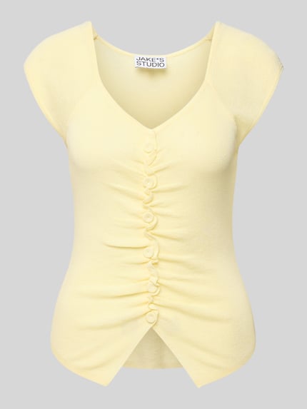 Produktfoto, Strickshirt mit Knopfleiste und Raffungen von JAKE*S STUDIO WOMAN, gelb, V-Ausschnitt, Viskose-Mix, Körpernaher-Schnitt, 43 cm Rückenlänge bei Größe S.