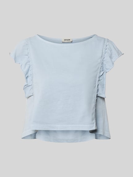 Produktfoto, lichtblauw T-shirt met vlindermouwen, puur katoen, loose fit, boothals, gehaakt kant, model 'MIRIEL' van Drykorn